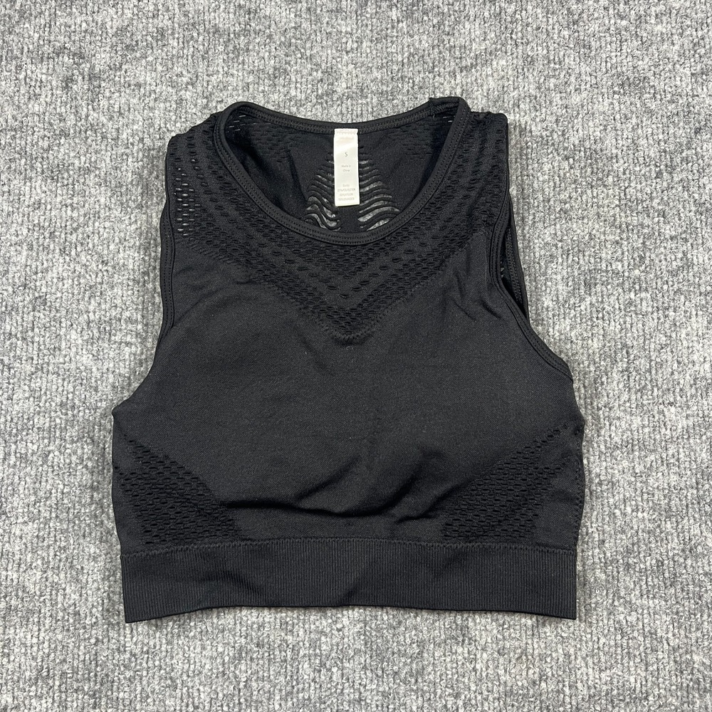 Womens Cropped Tank Top Small Black Mesh Panels Detail Round Neck Wide Strap